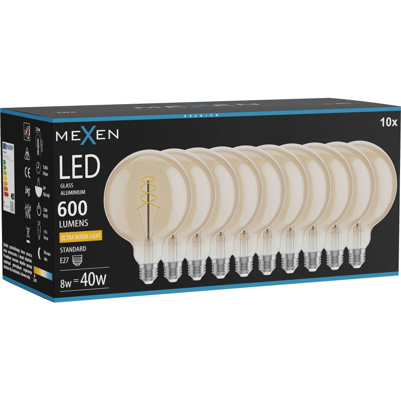 Mexen Vintis 10x LED-filamenttilamppu kierre E27, G125, 8W, Lämmin - 2200K, 600 lm, meripihka - L168-E27-0822-50x10