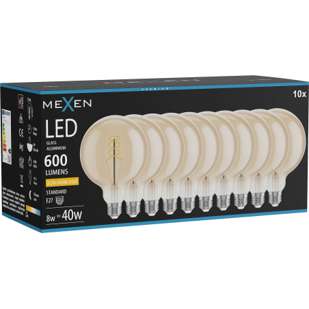 Mexen Vintis 10x LED filament spiral lampa E27, G125, 8W, Varm - 2200K, 600 lm, bärnsten - L168-E27-0822-50x10