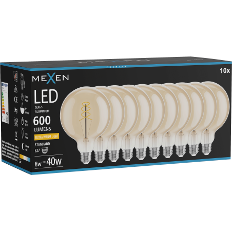 Mexen Vintis 10x LED Spiral Filament Bulb E27, G125, 8W, Warm - 2200K, 600 lm, amber - L168-E27-0822-50x10
