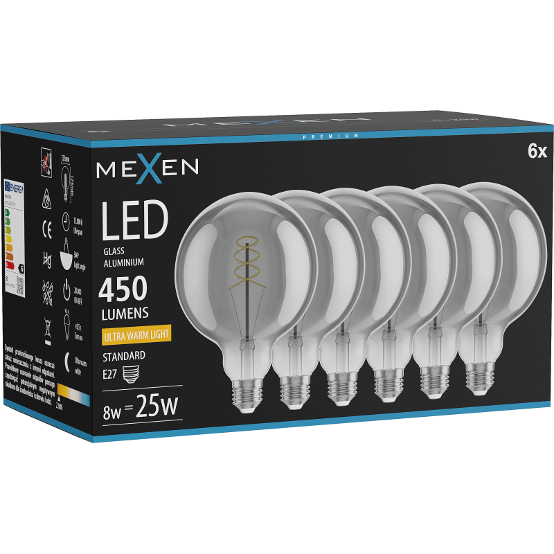 Mexen Vintis 6x LED žarnica s filamentno spiralo E27, G125, 8W, Toplo - 2200K, 450 lm, dimljena - L168-E27-0822-70x06