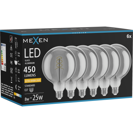 Mexen Vintis 6x LED-filamentlampa spiral E27, G125, 8W, Varm - 2200K, 450 lm, rök - L168-E27-0822-70x06