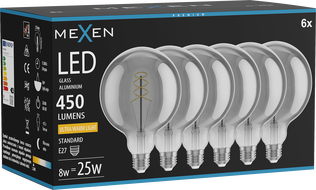 Mexen Vintis 6x LED žarnica s filamentno spiralo E27, G125, 8W, Toplo - 2200K, 450 lm, dimljena - L168-E27-0822-70x06