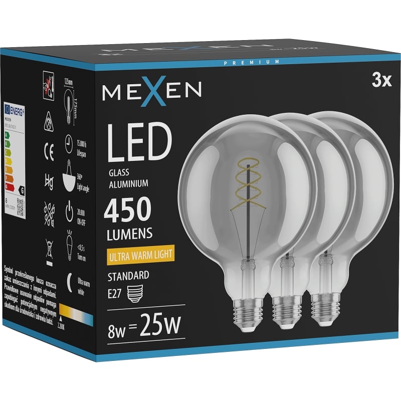 Mexen Vintis 3x Filament spiraal LED-lamp E27, G125, 8W, Warm - 2200K, 450 lm, rook - L168-E27-0822-70x03