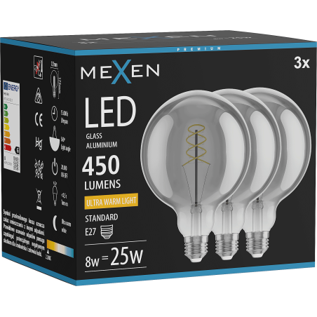 Mexen Vintis 3x LED-glödlampa filament spiral E27, G125, 8W, Varm - 2200K, 450 lm, smoke - L168-E27-0822-70x03