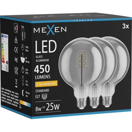 Mexen Vintis 3x Spuldze ar spirāles diegu LED E27, G125, 8W, Silts - 2200K, 450 lm, dūmains - L168-E27-0822-70x03