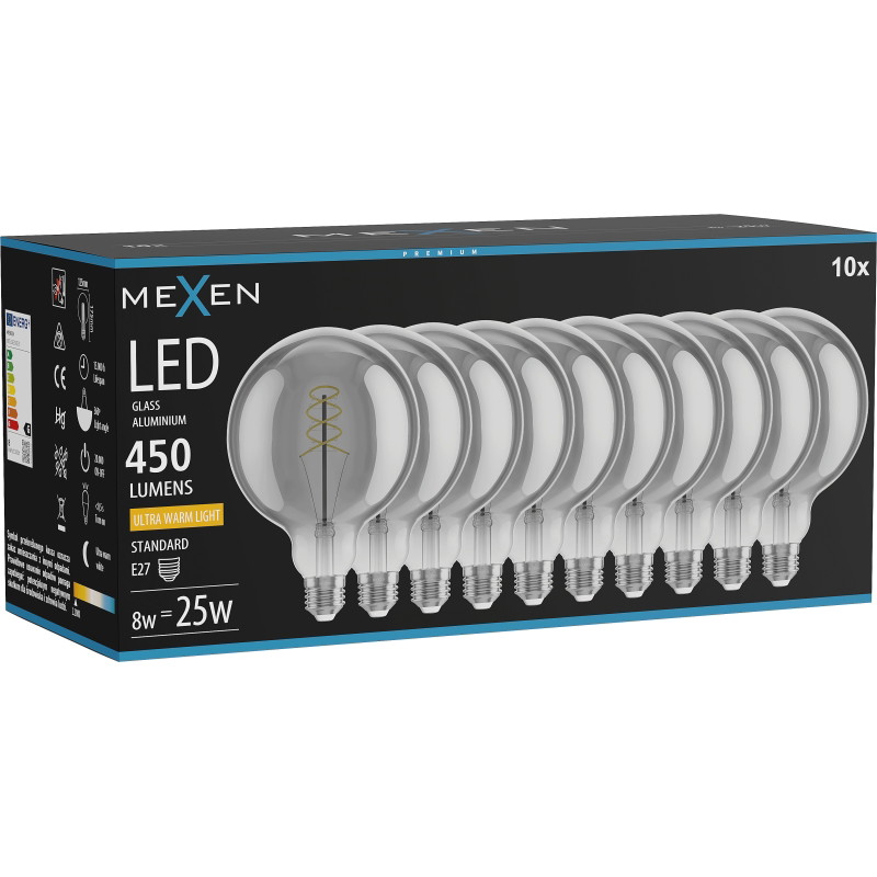 Mexen Vintis 10x Bombilla filamento espiral LED E27, G125, 8W, Cálida - 2200K, 450 lm, ahumada - L168-E27-0822-70x10
