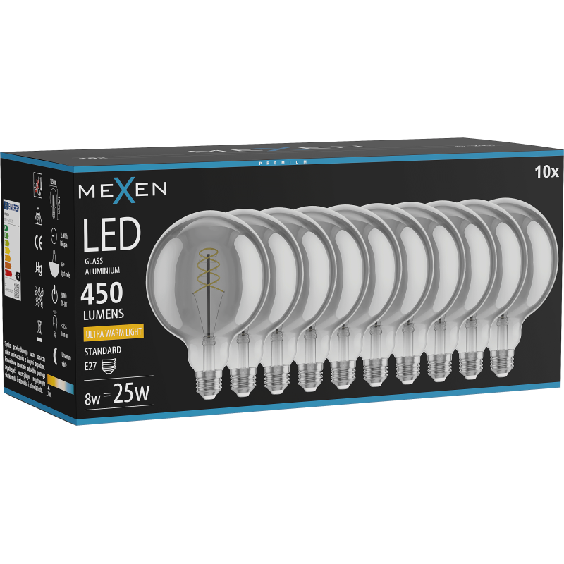 Mexen Vintis 10x żarówka filament spirala LED E27, G125, 8W, Ciepła - 2200K, 450 lm, smoke - L168-E27-0822-70x10