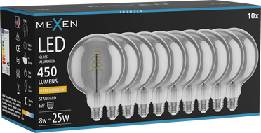 Mexen Vintis 10x LED žarulja s nitnom spiralom E27, G125, 8W, Topla - 2200K, 450 lm, dymno - L168-E27-0822-70x10