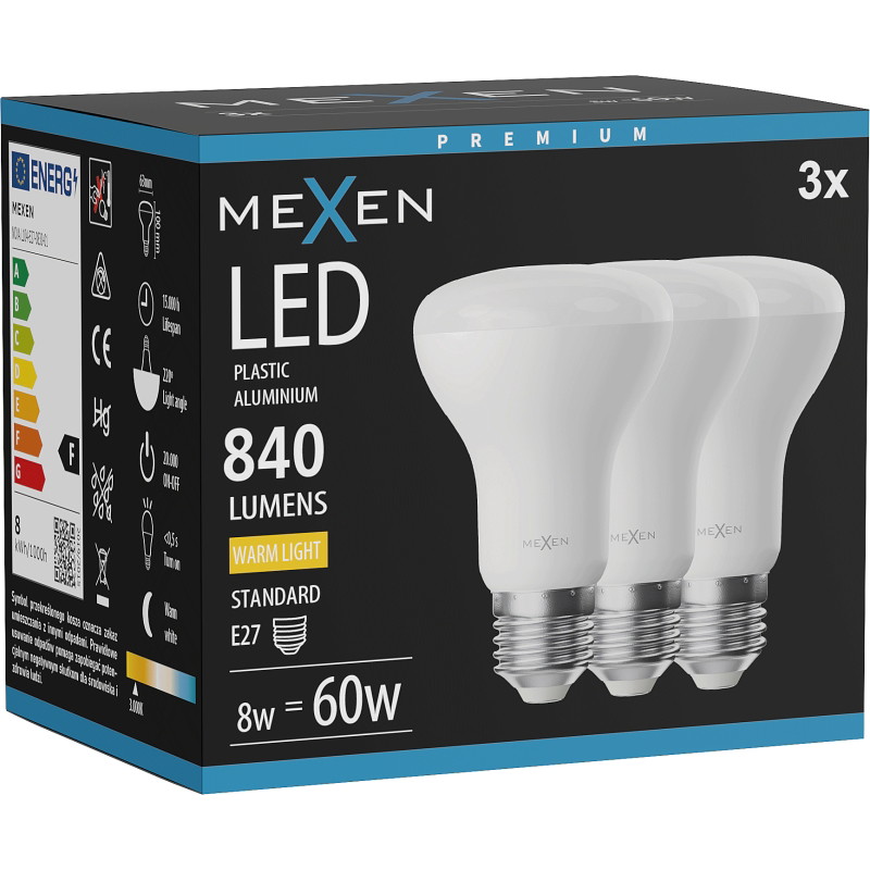 Mexen Nova 3x Bombilla LED E27, R63, 8W, Cálida - 3000K, 840 lm - L104-E27-0830-01x03