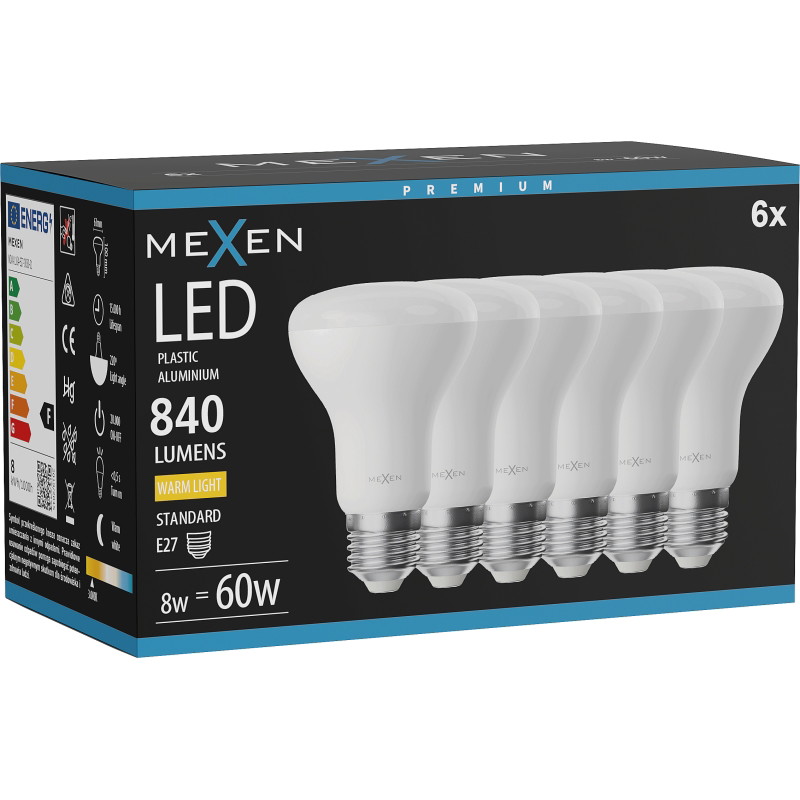 Mexen Nova 6x Bombilla LED E27, R63, 8W, Cálida - 3000K, 840 lm - L104-E27-0830-01x06