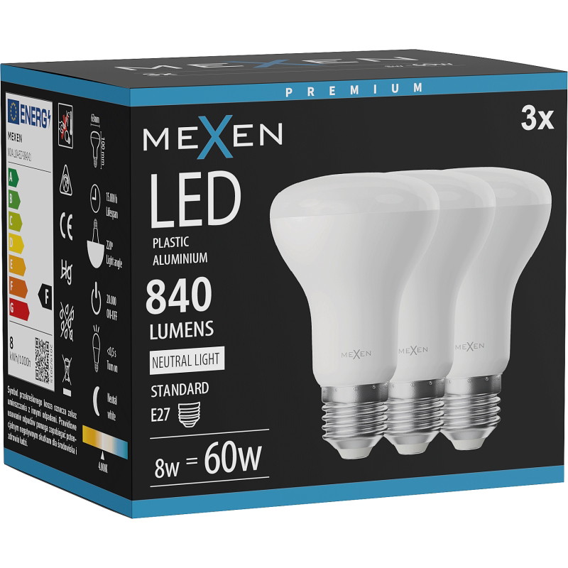 Mexen Nova 3x LED-lamppu E27, R63, 8W, Neutraali - 4000K, 840 lm - L104-E27-0840-01x03
