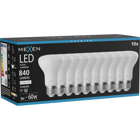 Mexen Nova 10x Ampoule LED E27, R63, 8W, Neutre - 4000K, 840 lm - L104-E27-0840-01x10