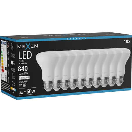 Mexen Nova 10x lampadina LED E27, R63, 8W, Neutra - 4000K, 840 lm - L104-E27-0840-01x10