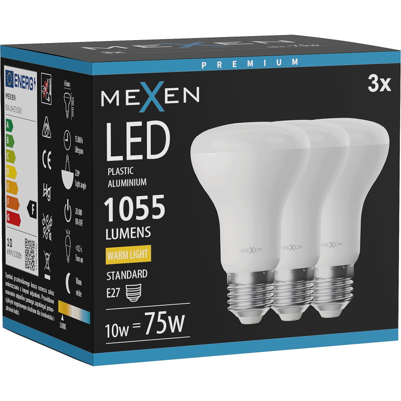 Mexen Nova 3x Lampadina LED E27, R63, 10W, Calda - 3000K, 1055 lm - L104-E27-1030-01x03
