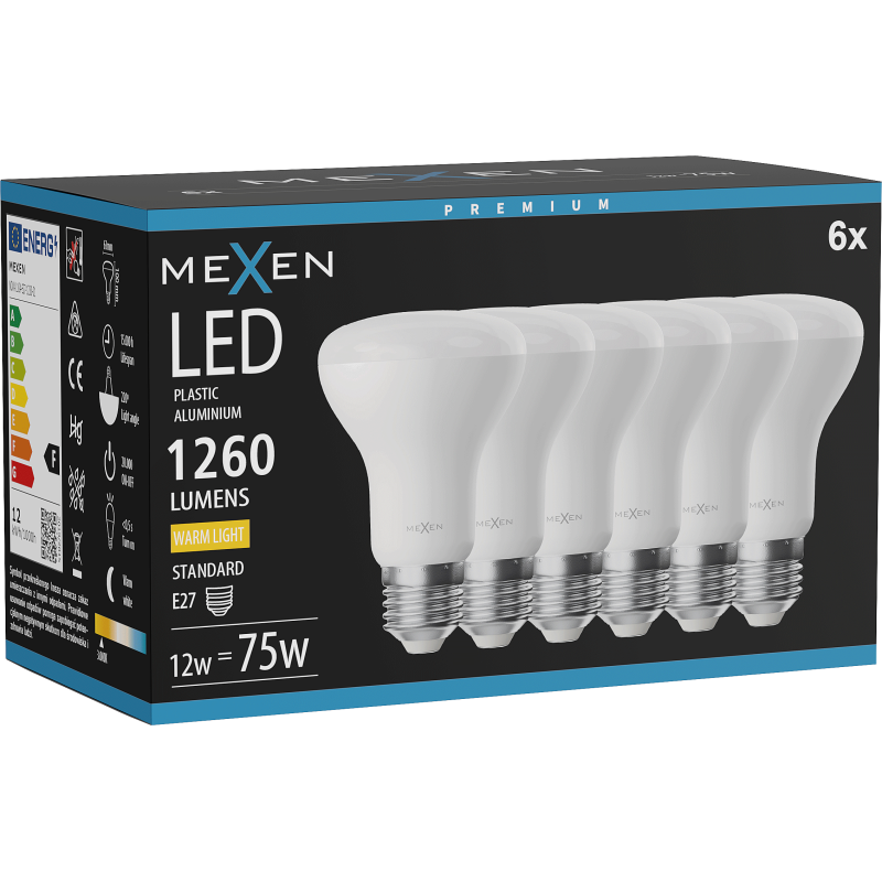 Mexen Nova 6x LED spuldze E27, R63, 12W, Silts - 3000K, 1260 lm - L104-E27-1230-01x06