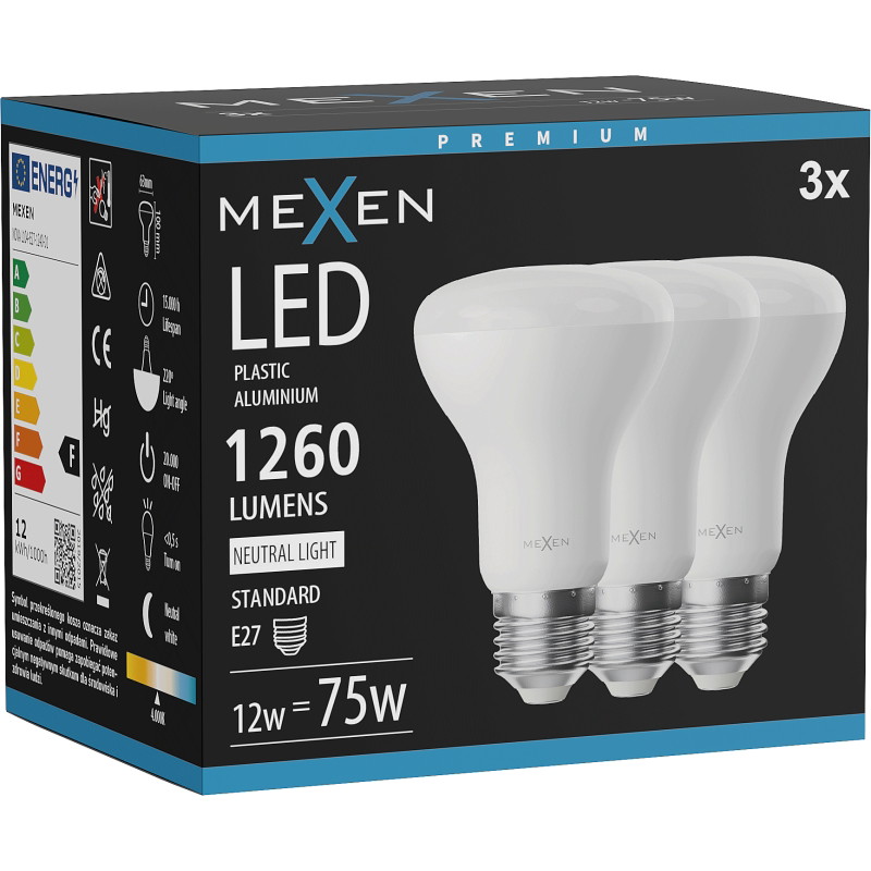 Mexen Nova 3x żarówka LED E27, R63, 12W, Neutralna - 4000K, 1260 lm - L104-E27-1240-01x03
