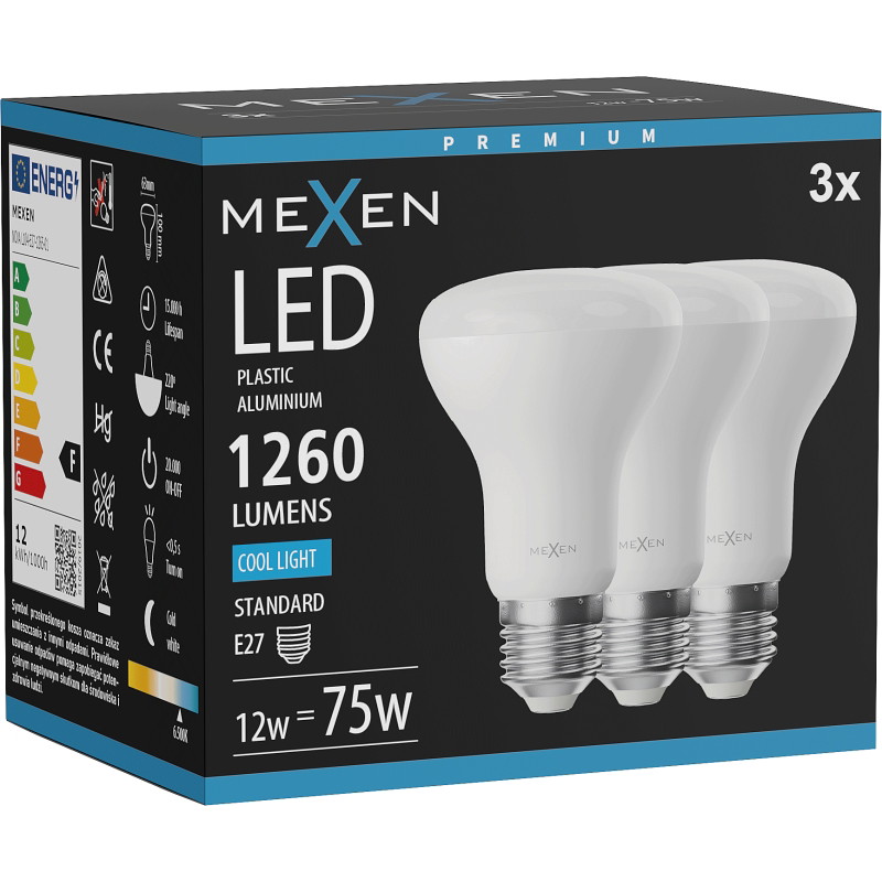 Mexen Nova 3x Bombilla LED E27, R63, 12W, Fría - 6500K, 1260 lm - L104-E27-1265-01x03