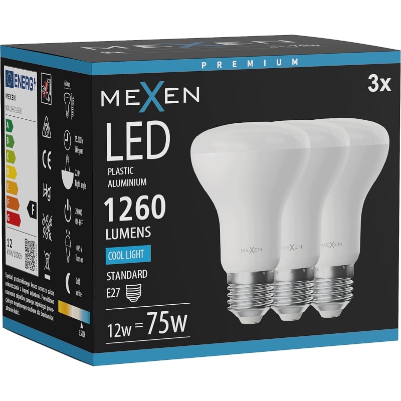 Mexen Nova 3x LED-lampa E27, R63, 12W, Kall - 6500K, 1260 lm - L104-E27-1265-01x03