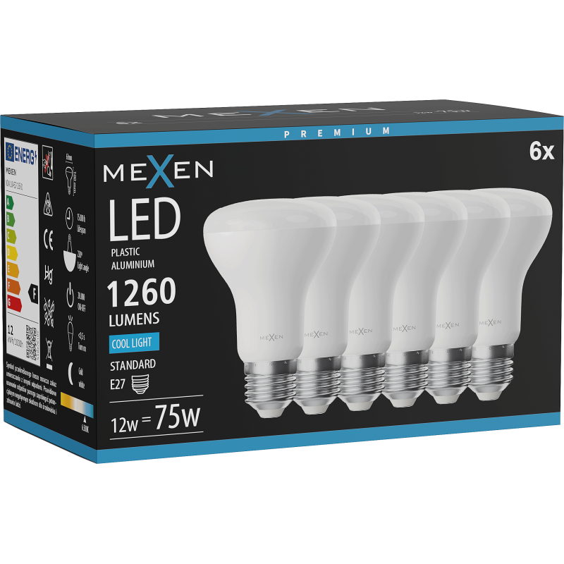 Mexen Nova 6x LED-Glühbir E27, R63, 12W, Kaal - 6500K, 1260 lm - L104-E27-1265-01x06