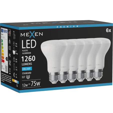 Mexen Nova 6x LED-Glühbir E27, R63, 12W, Kaal - 6500K, 1260 lm - L104-E27-1265-01x06