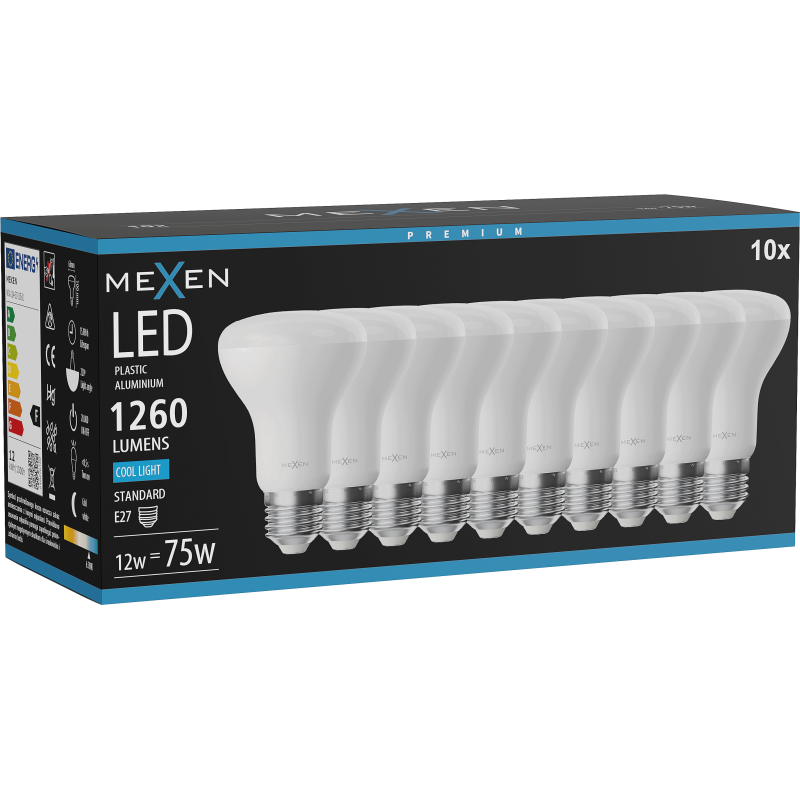 Mexen Nova 10x LED-Glühbirne E27, R63, 12W, Kalt - 6500K, 1260 lm - L104-E27-1265-01x10