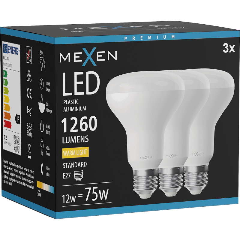 Mexen Nova 3x LED-lamppu E27, R80, 12W, Lämmin - 3000K, 1260 lm - L105-E27-1230-01x03
