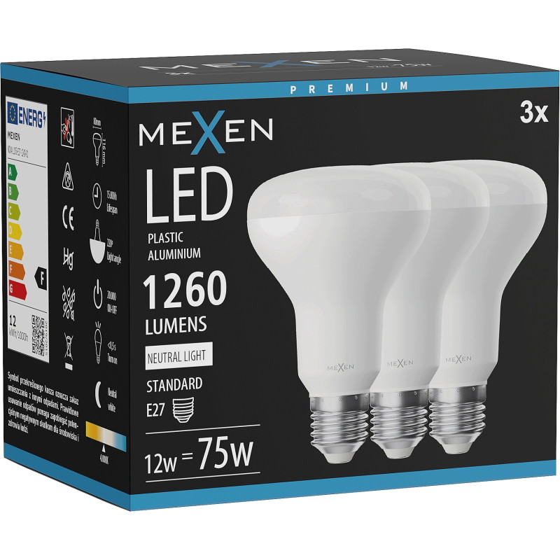 Mexen Nova 3x LED-lamppu E27, R80, 12W, Neutraali - 4000K, 1260 lm - L105-E27-1240-01x03