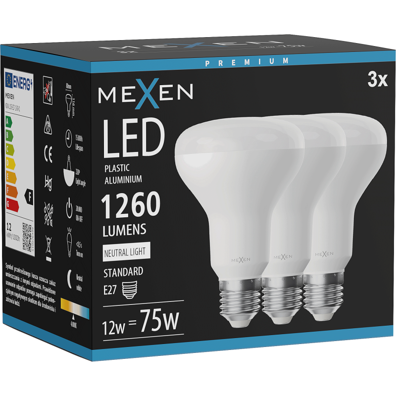 Mexen Nova 3x LED žarnica E27, R80, 12W, Nevtralna - 4000K, 1260 lm - L105-E27-1240-01x03