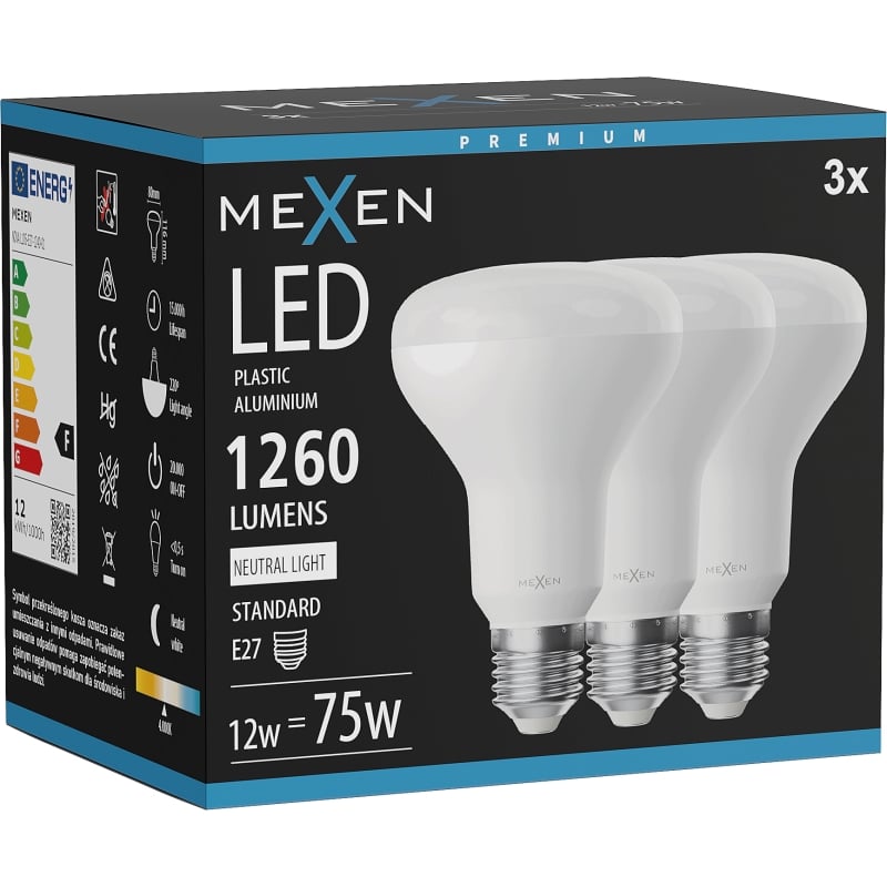 Mexen Nova 3x żarówka LED E27, R80, 12W, Neutralna - 4000K, 1260 lm - L105-E27-1240-01x03
