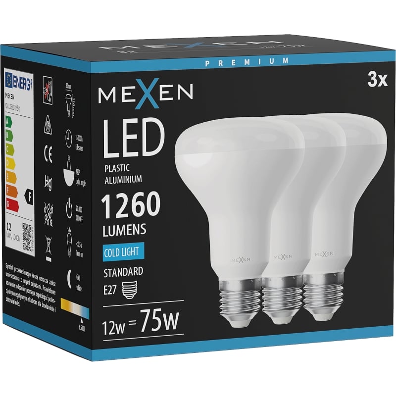Mexen Nova 3x LED-lampa E27, R80, 12W, Kall - 6500K, 1260 lm - L105-E27-1265-01x03