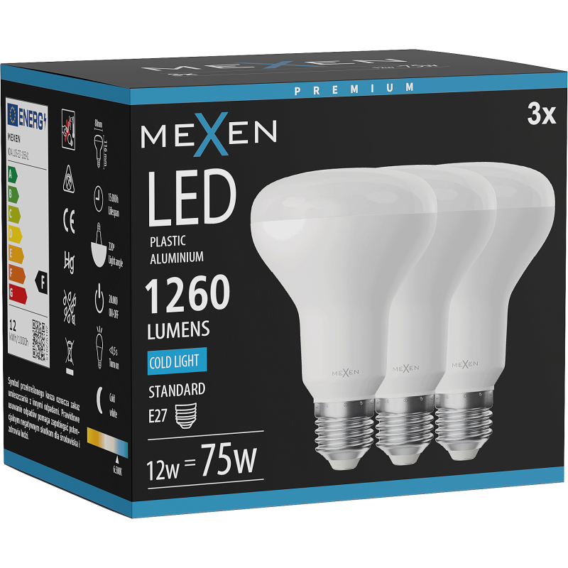 Mexen Nova 3x LED spuldze E27, R80, 12W, Auksti - 6500K, 1260 lm - L105-E27-1265-01x03
