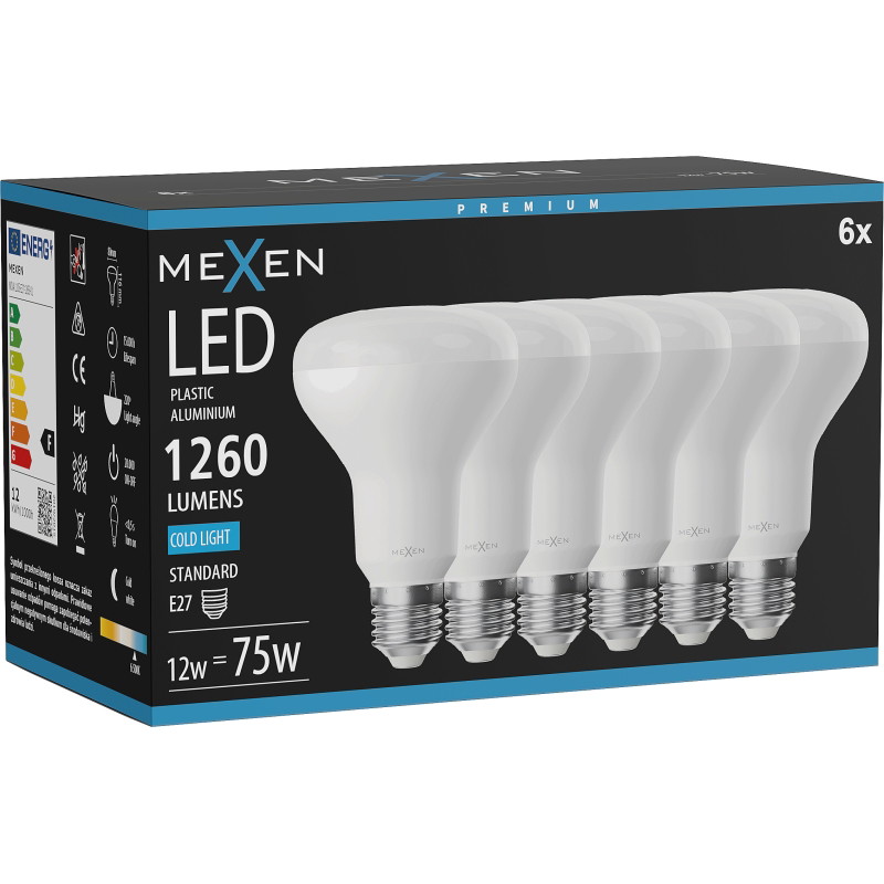 Mexen Nova 6x LED-lamp E27, R80, 12W, Koud - 6500K, 1260 lm - L105-E27-1265-01x06