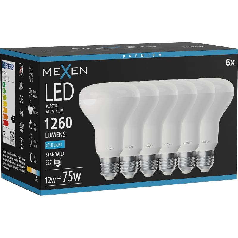 Mexen Nova 6x LED-lamppu E27, R80, 12W, Kylmä - 6500K, 1260 lm - L105-E27-1265-01x06