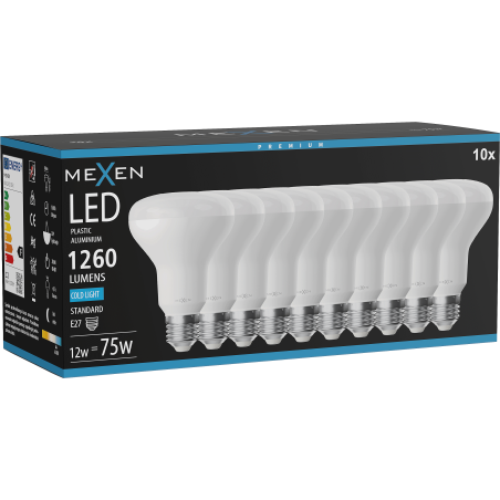 Mexen Nova 10x żarówka LED E27, R80, 12W, Zimna - 6500K, 1260 lm - L105-E27-1265-01x10