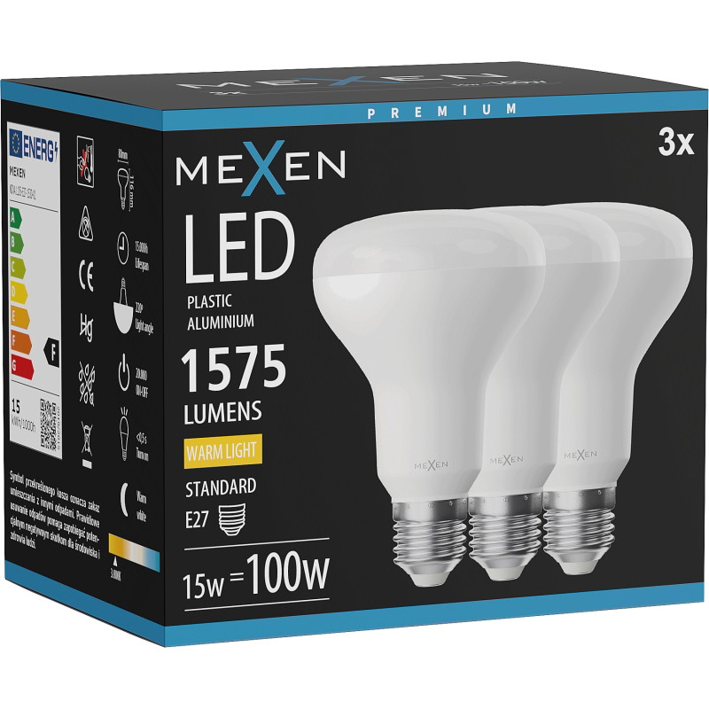 Mexen Nova 3x LED-lamp E27, R80, 15W, Warm - 3000K, 1575 lm - L105-E27-1530-01x03