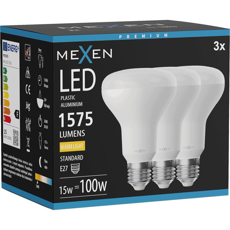 Mexen Nova 3x LED spuldze E27, R80, 15W, Silta gaisma - 3000K, 1575 lm - L105-E27-1530-01x03