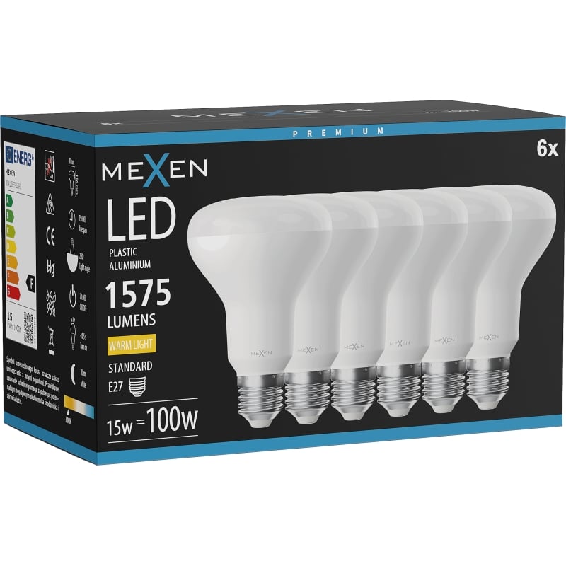 Mexen Nova 6x Lampadina LED E27, R80, 15W, Calda - 3000K, 1575 lm - L105-E27-1530-01x06