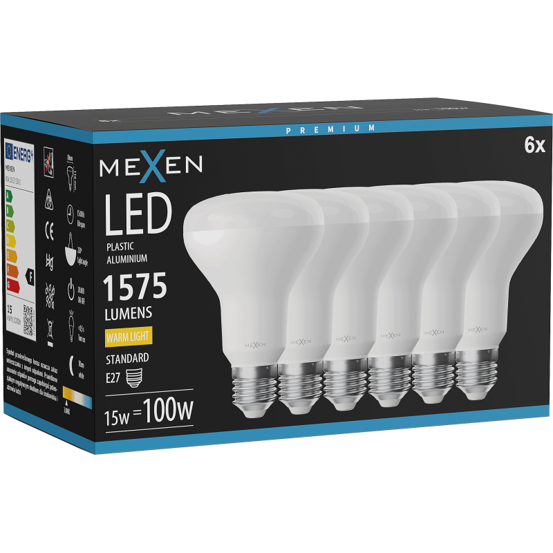 Mexen Nova 6x LED spuldze E27, R80, 15W, Silti - 3000K, 1575 lm - L105-E27-1530-01x06