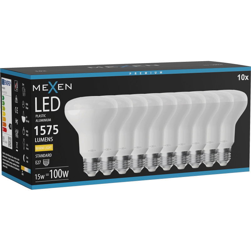Mexen Nova 10x Bombilla LED E27, R80, 15W, Cálida - 3000K, 1575 lm - L105-E27-1530-01x10