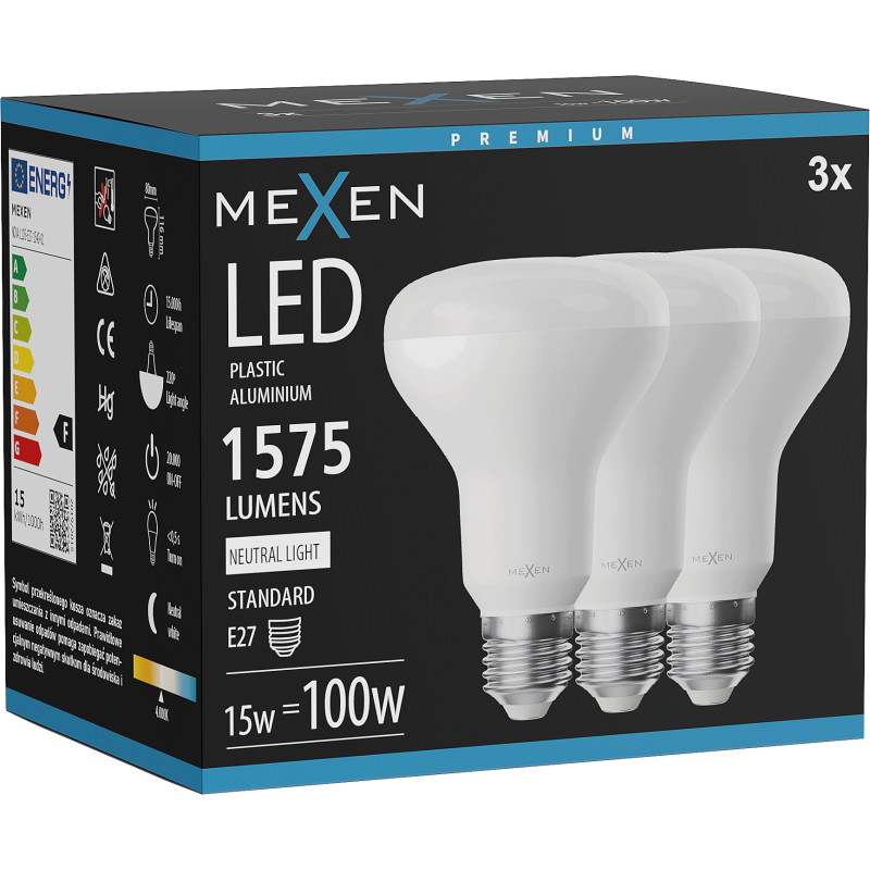Mexen Nova 3x LED Lamp E27, R80, 15W, Neutraal - 4000K, 1575 lm - L105-E27-1540-01x03