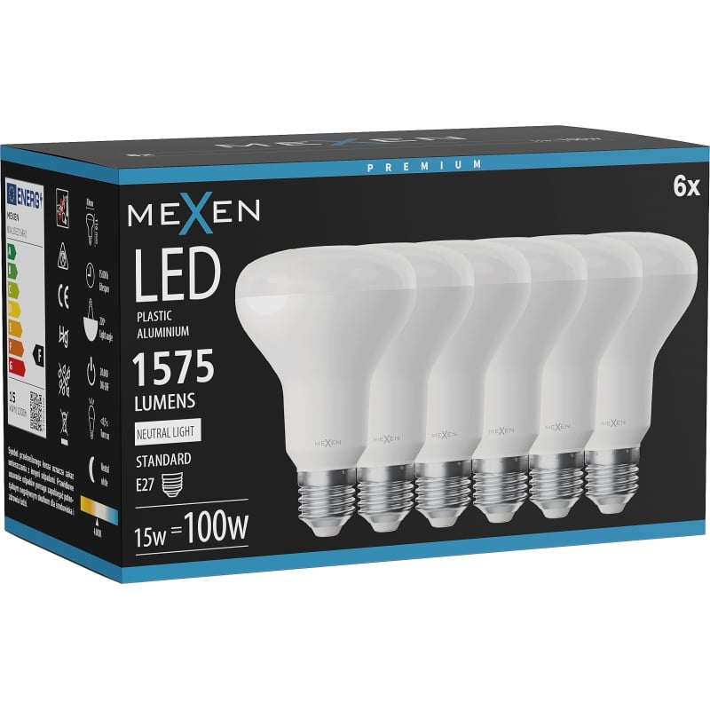 Mexen Nova 6x Lampadina LED E27, R80, 15W, Neutro - 4000K, 1575 lm - L105-E27-1540-01x06