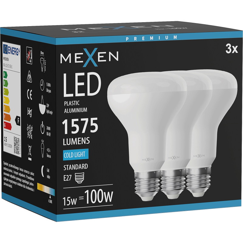 Mexen Nova 3x Bombilla LED E27, R80, 15W, Fría - 6500K, 1575 lm - L105-E27-1565-01x03