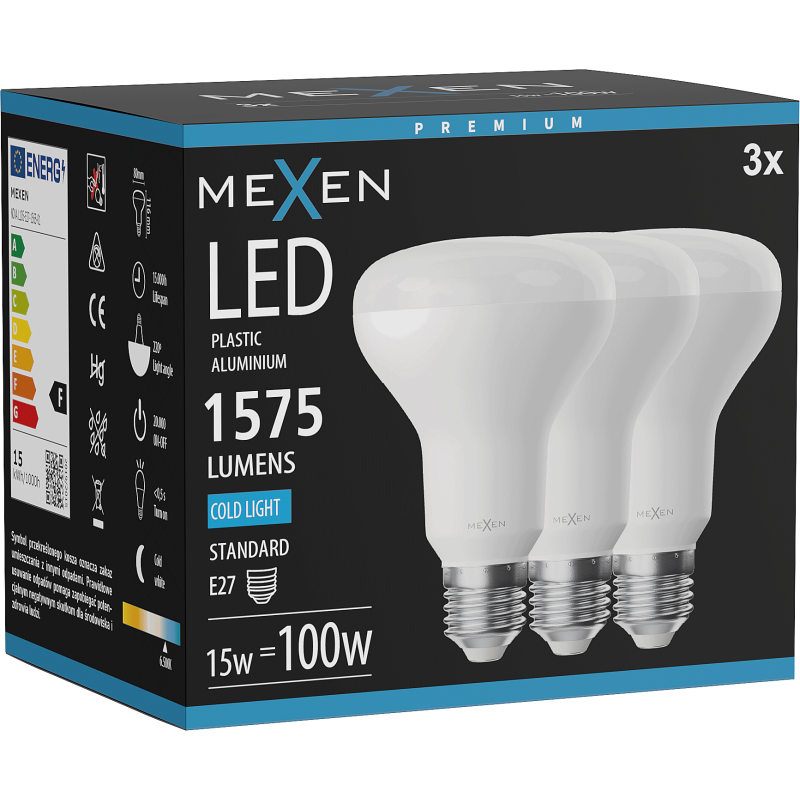 Mexen Nova 3x LED Spuldze E27, R80, 15W, Auksts - 6500K, 1575 lm - L105-E27-1565-01x03