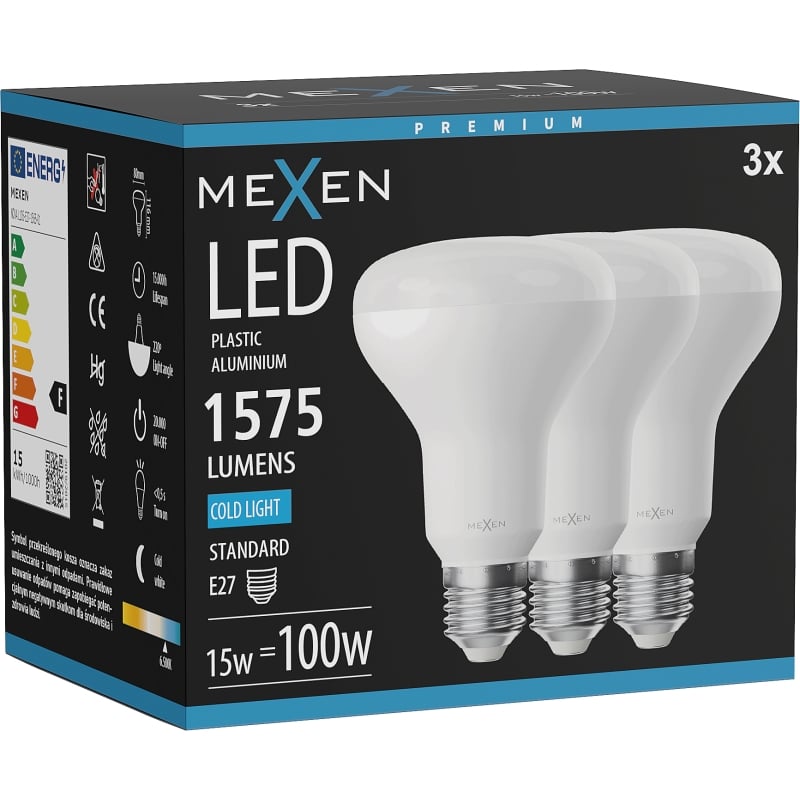 Mexen Nova 3x żarówka LED E27, R80, 15W, Zimna - 6500K, 1575 lm - L105-E27-1565-01x03