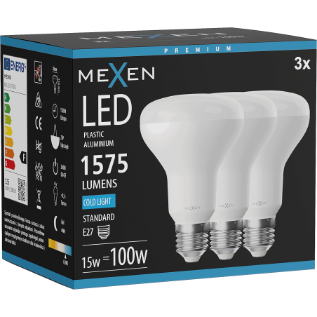 Mexen Nova 3x Lampadina LED E27, R80, 15W, Fredda - 6500K, 1575 lm - L105-E27-1565-01x03
