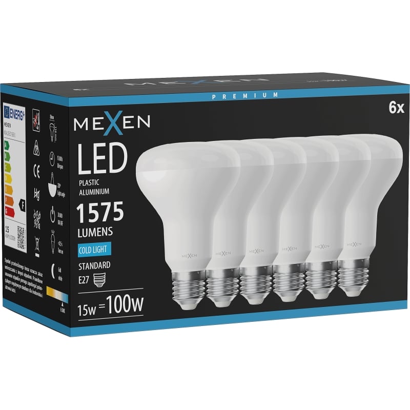Mexen Nova 6x Lampadina LED E27, R80, 15W, Fredda - 6500K, 1575 lm - L105-E27-1565-01x06