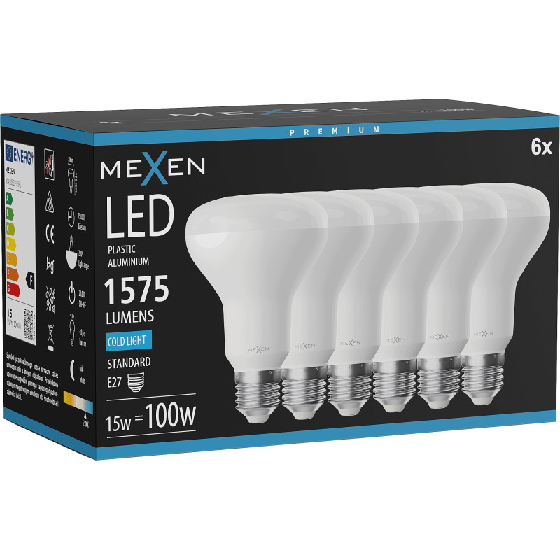 Mexen Nova 6x LED Lamp E27, R80, 15W, Koud - 6500K, 1575 lm - L105-E27-1565-01x06