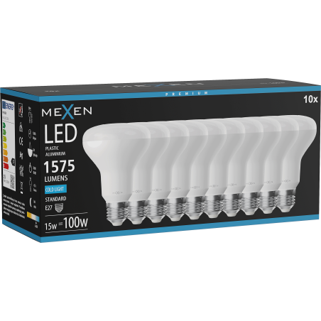 Mexen Nova 10x LED-lampa E27, R80, 15W, Kall - 6500K, 1575 lm - L105-E27-1565-01x10