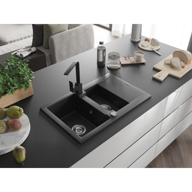 Mexen Gaspar fregadero de granito de 1,5 senos con escurridor y grifo de cocina Rita, negro - 6507-77-670300-70