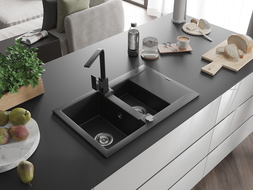 Mexen Gaspar granite sink 1.5-bowl with drainer and Rita kitchen tap, black - 6507-77-670300-70